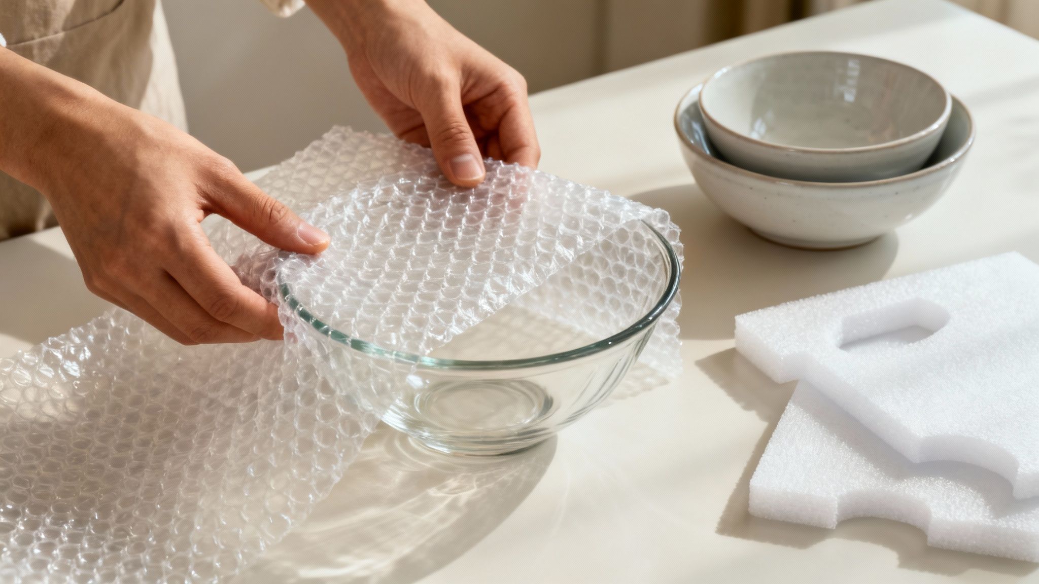 A person carefully wrapping a ceramic plate in white packing paper at a table.