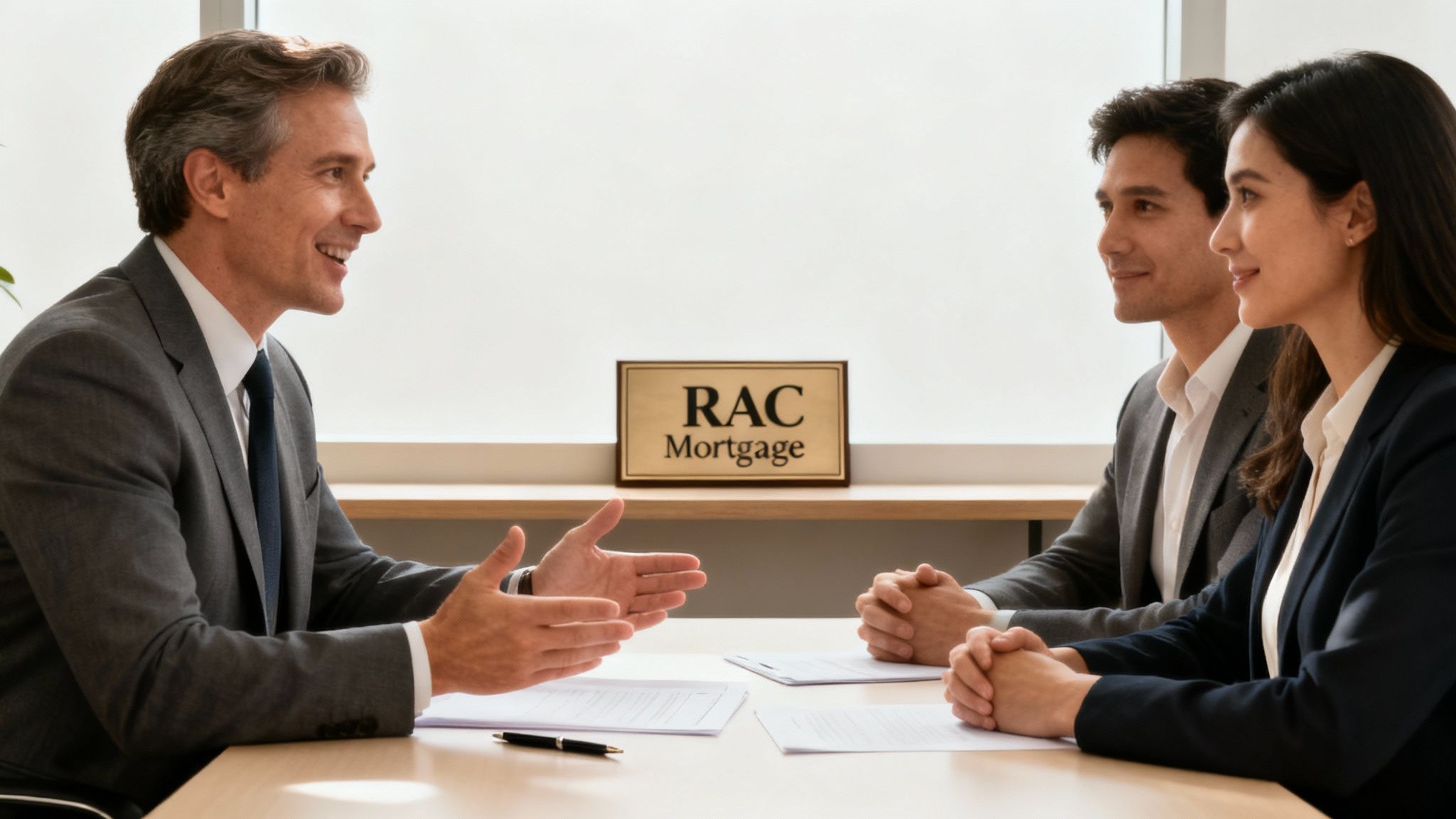 A professional mortgage advisor guiding a client through the jumbo loan application paperwork in an office setting.