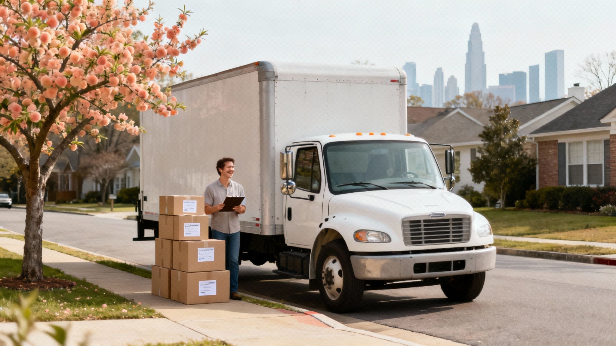 A moving truck on a highway with the Atlanta, Georgia skyline in the background.
