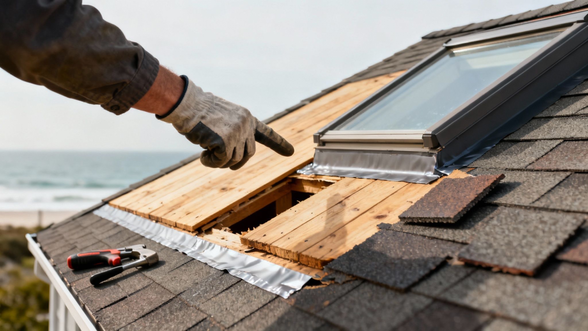 A Florida home's complex roof with multiple gables and dormers under a clear blue sky.