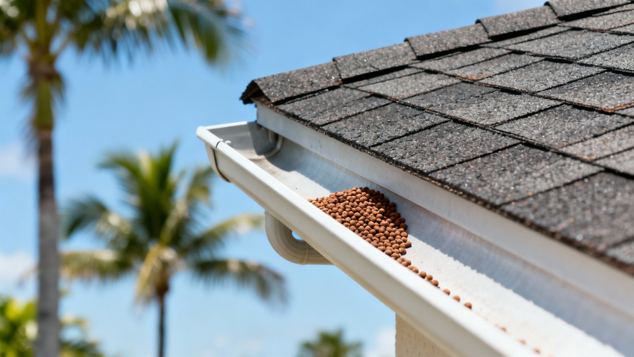 Roof gutter filled with dark brown shingle granules, indicating wear, against a blue sky.