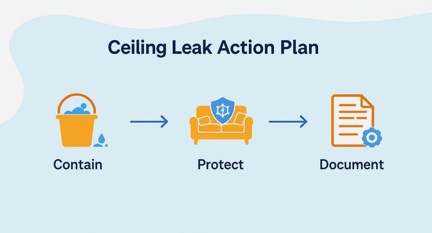 Ceiling leak action plan showing three steps: contain water, protect furniture, and document damage