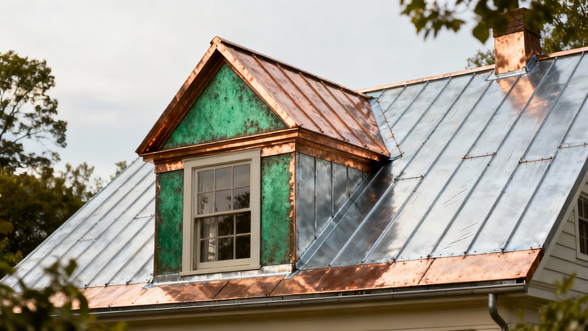A beautiful home with a distinctive green patina copper roof.