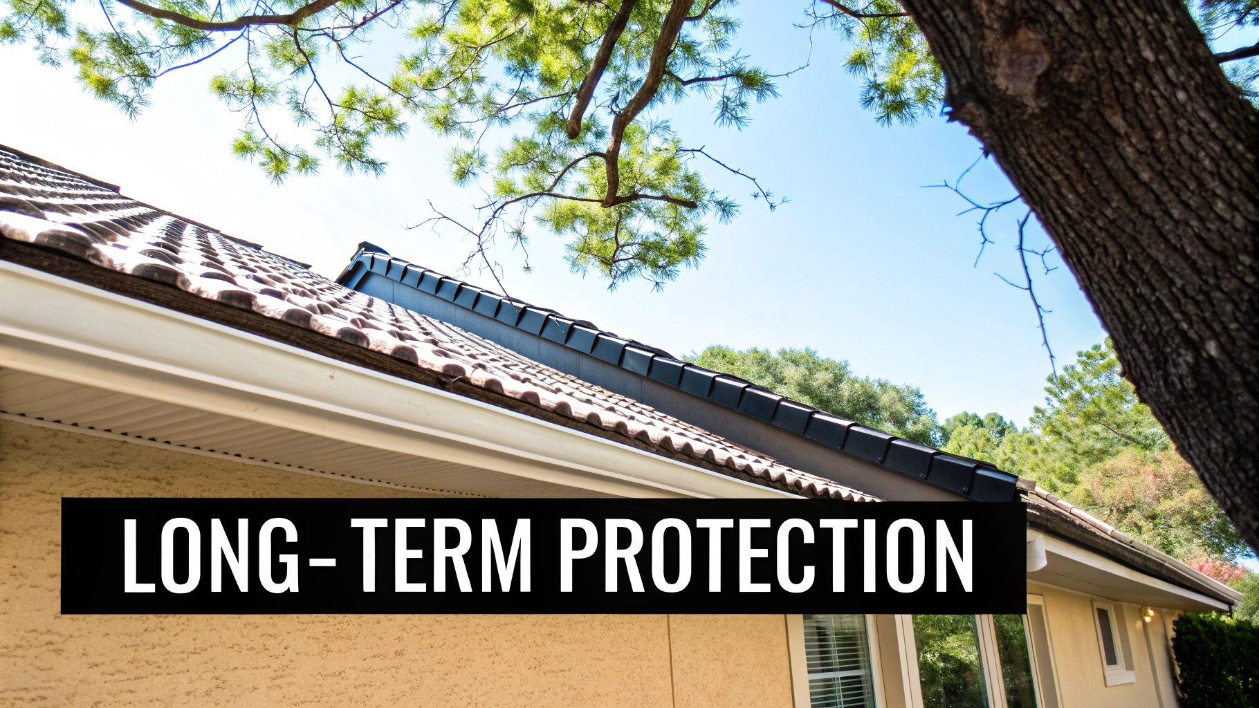 House roof with tile shingles and gutter protection system under tree canopy