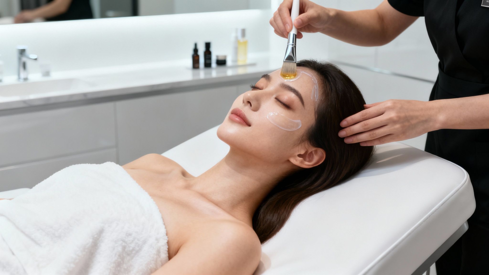 A woman with clear skin receiving a facial treatment
