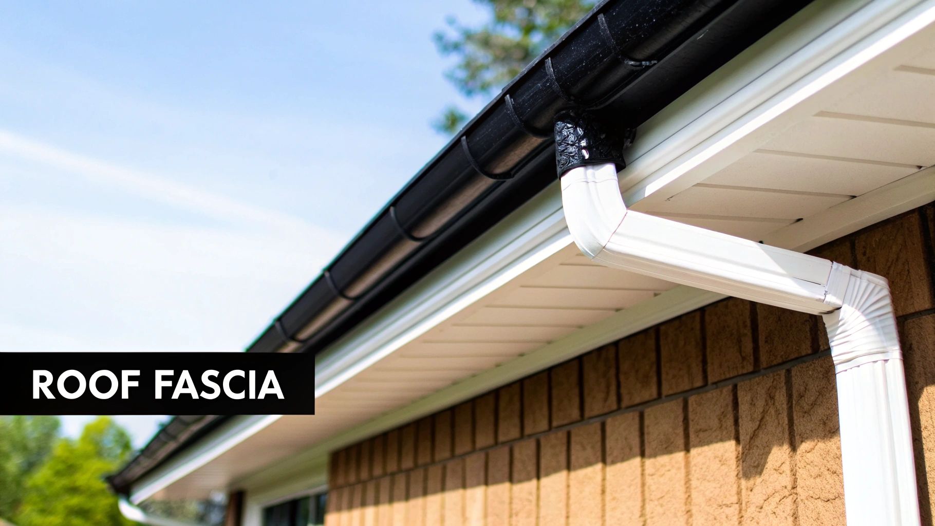 Close-up view of a house's black gutter, white downspout, and roof fascia against a blue sky.
