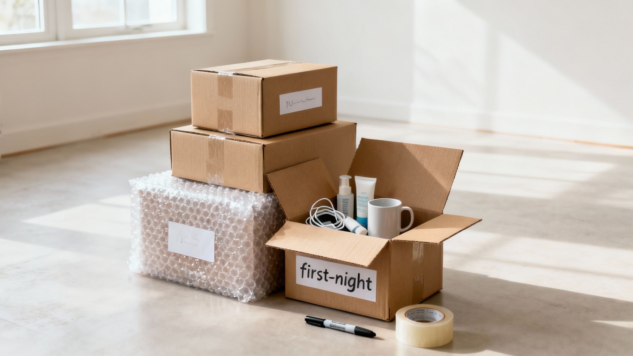 A neatly organized room with packed moving boxes and a sofa covered for protection.