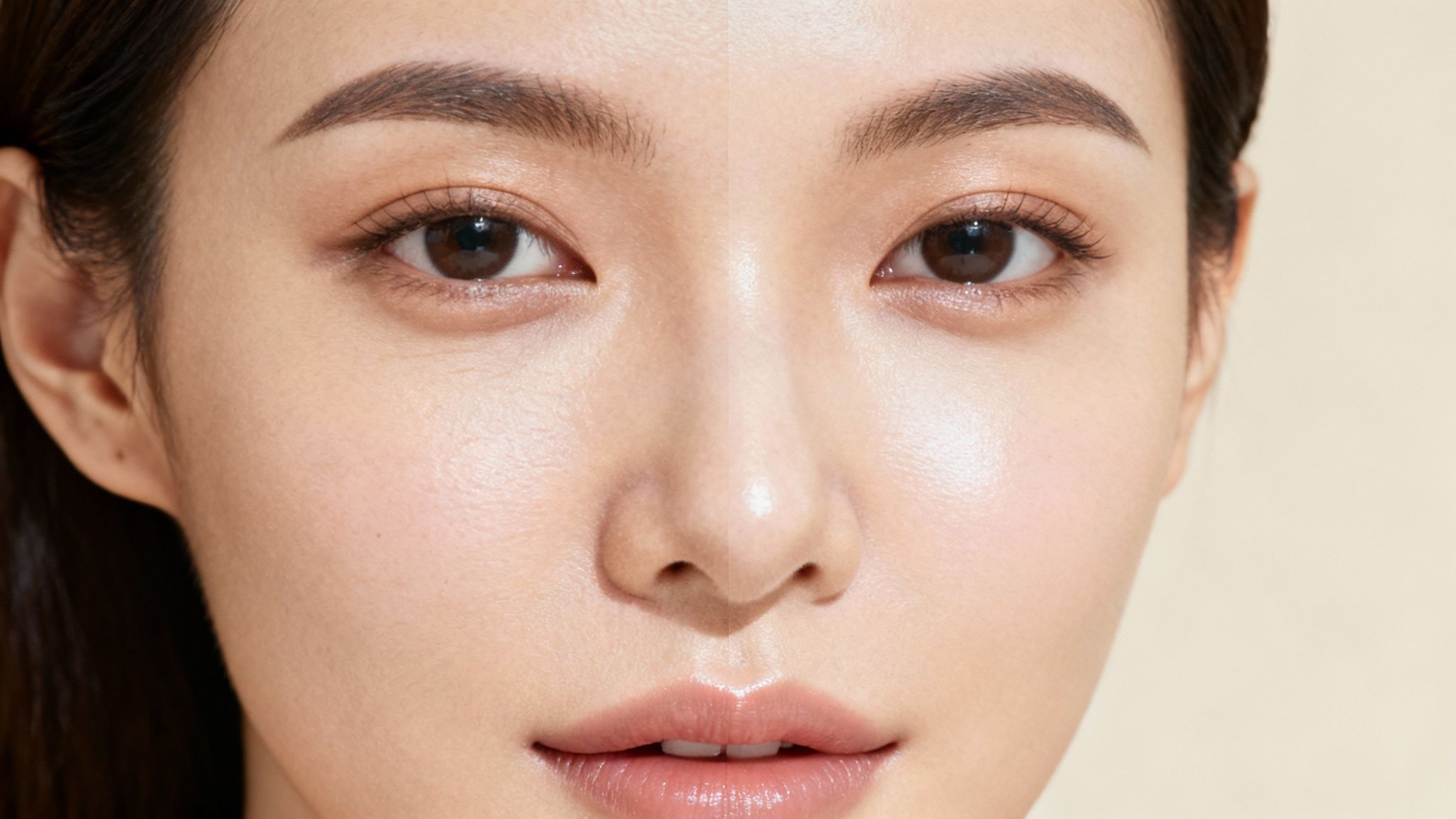 Woman looking closely at her skin in a mirror