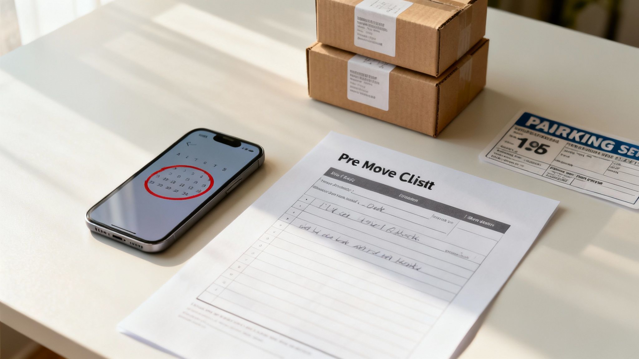 A person sitting on the floor surrounded by moving boxes, making a checklist.