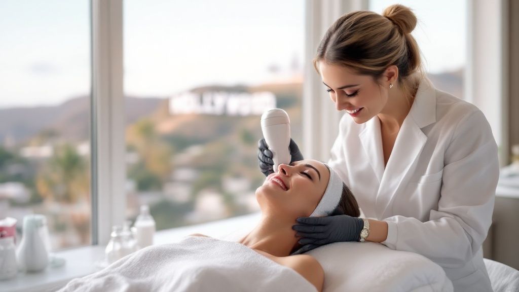 Woman receiving a HydraFacial treatment in a clean, modern clinic.