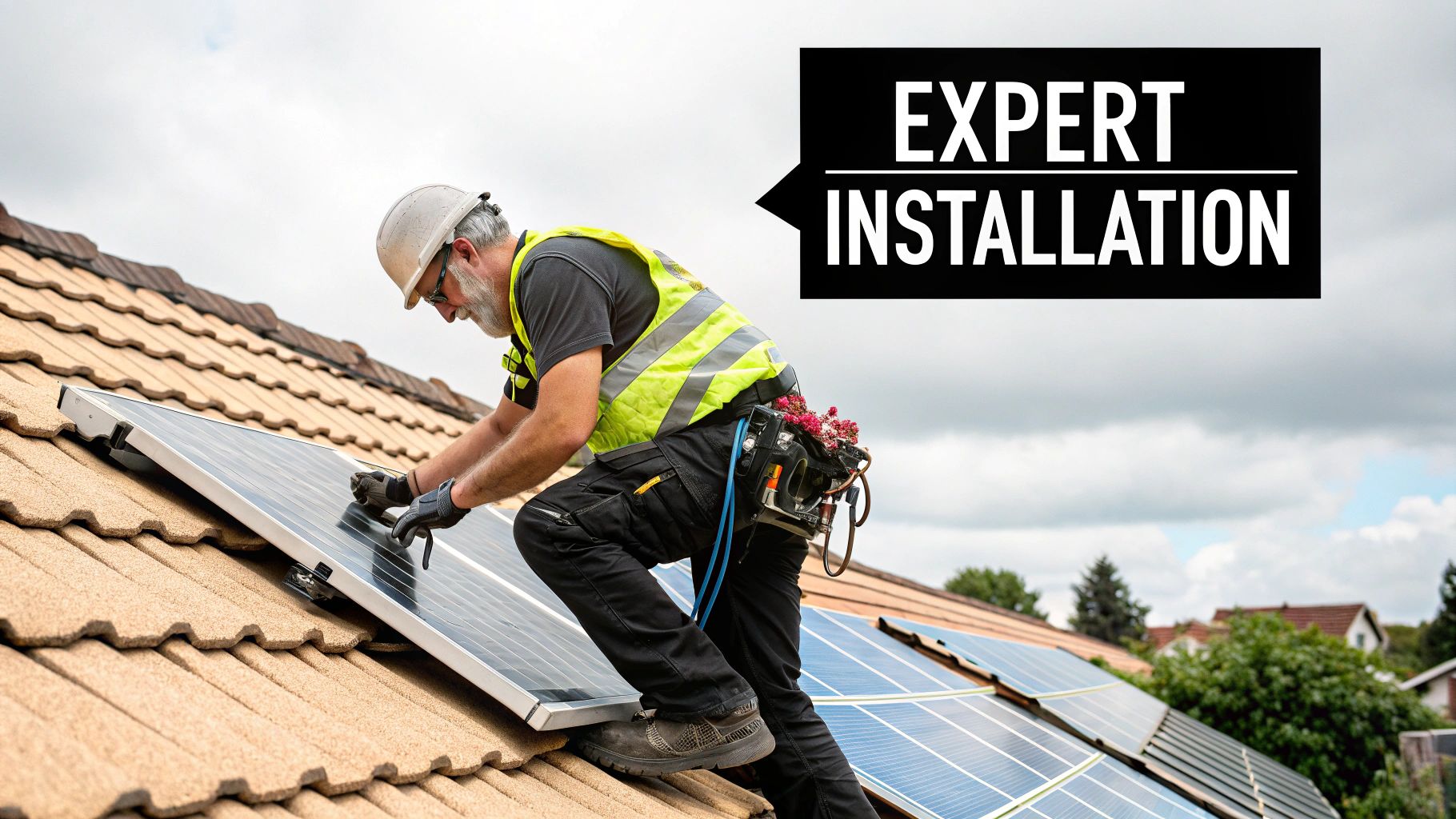 A professional installer working on solar panels on a residential roof in Florida.
