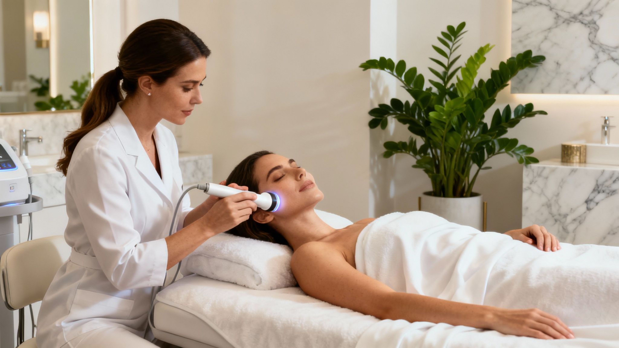 Woman relaxing during a professional facial treatment at Face of Jules.