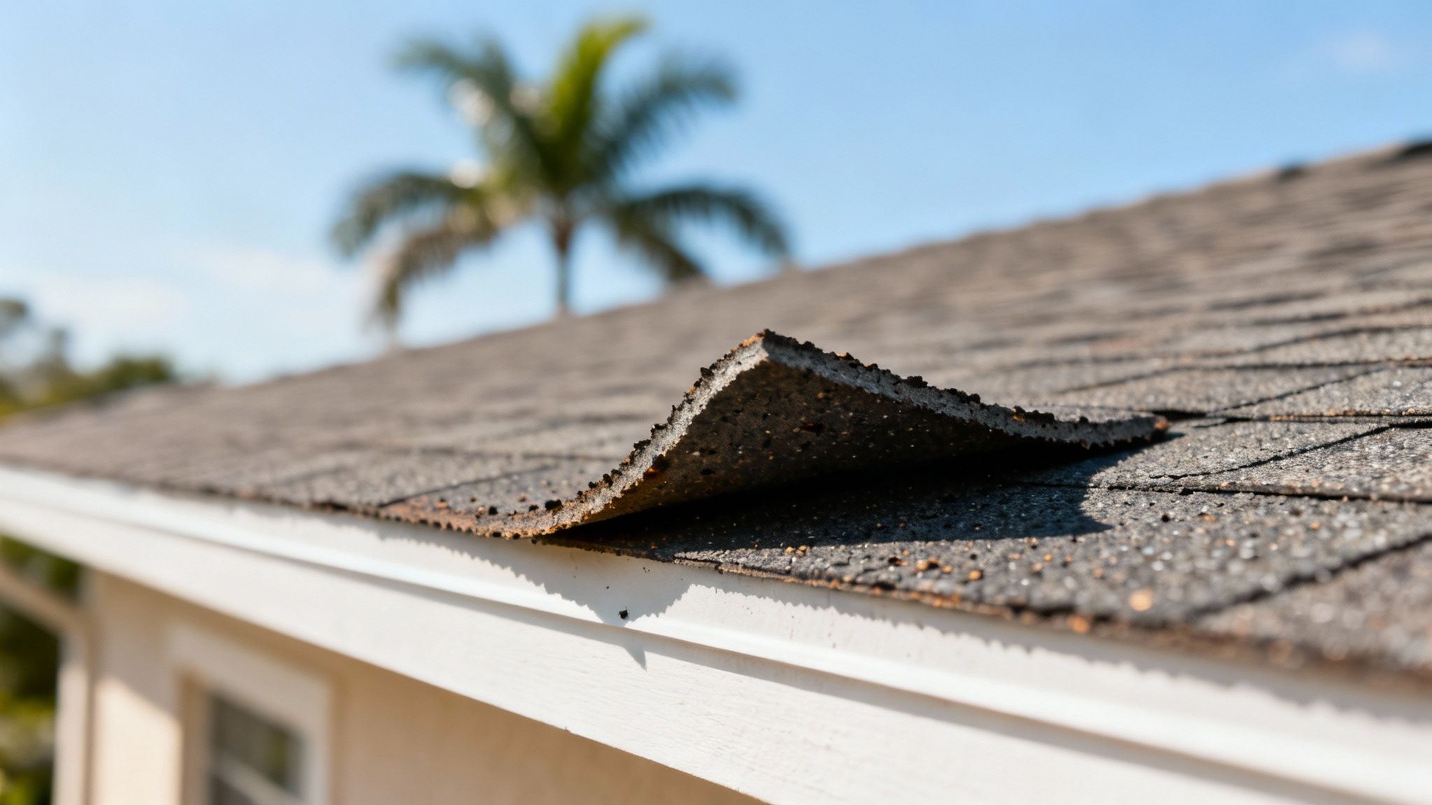 A close-up view of curling asphalt shingles on a residential roof, showing signs of wear and damage from weather.