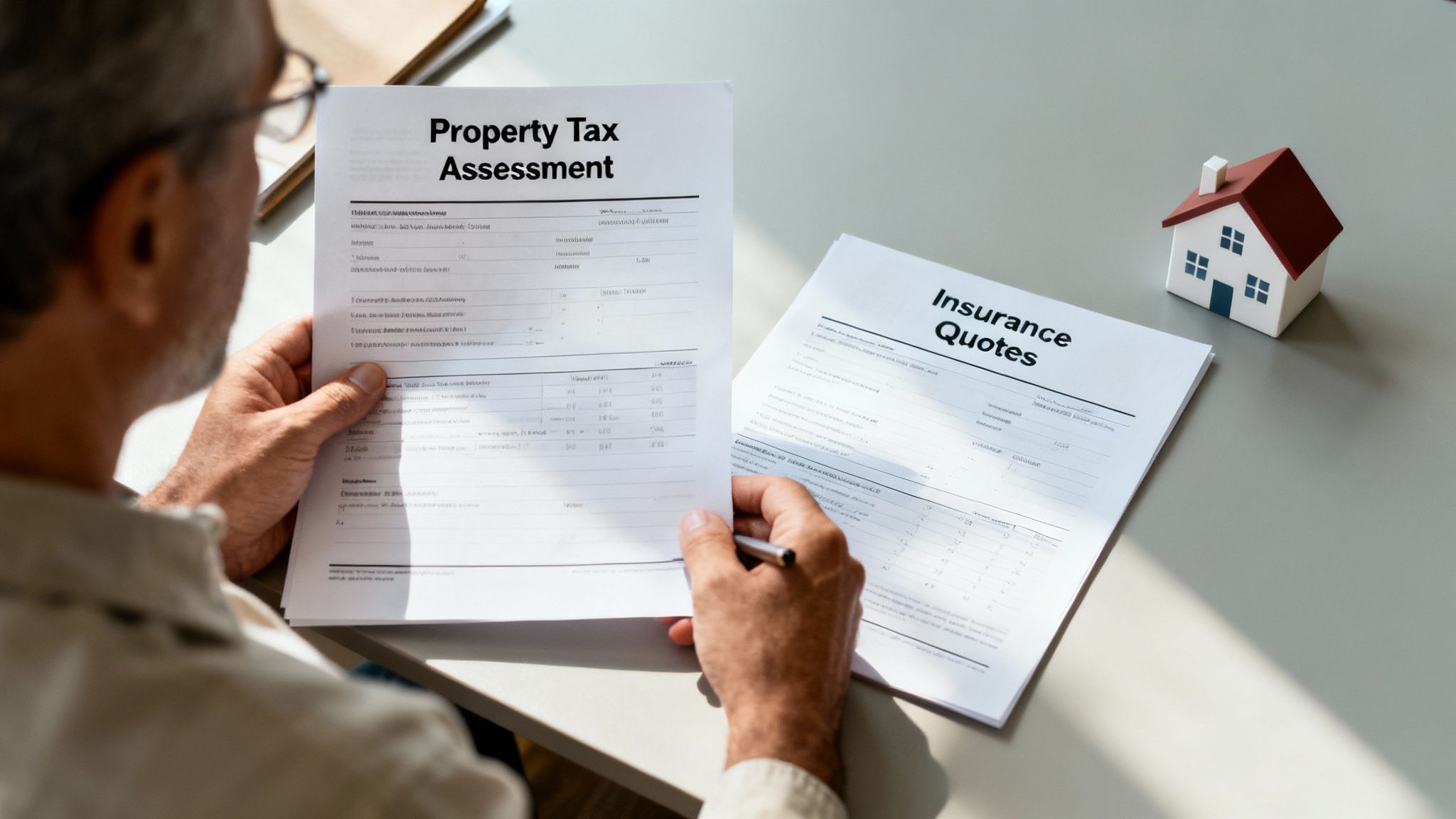 A homeowner reviews financial documents at a desk with a laptop and calculator.