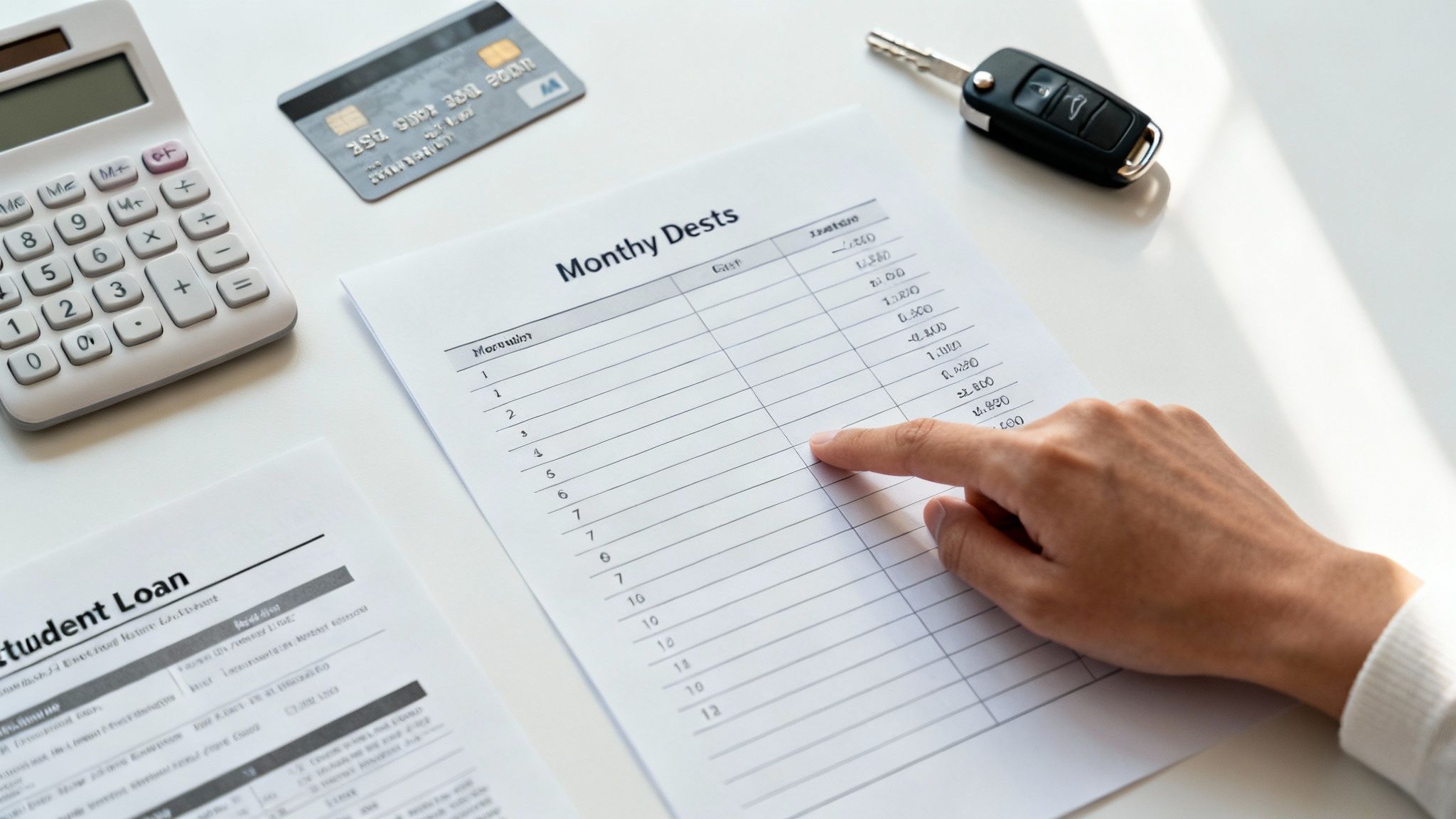 A person using a calculator and reviewing financial documents at a desk.