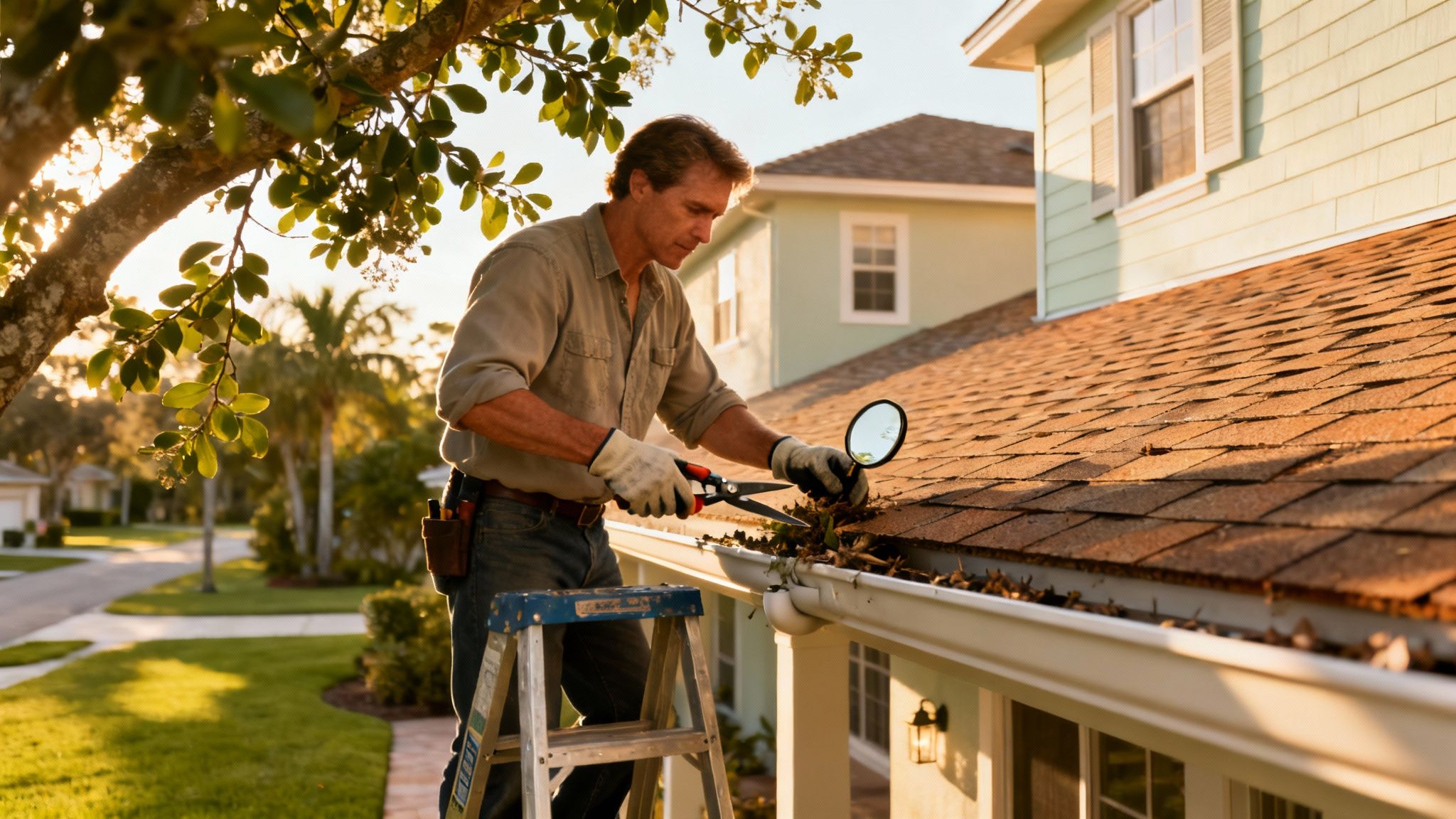 A roofer conducting a maintenance inspection on a residential roof in Florida.