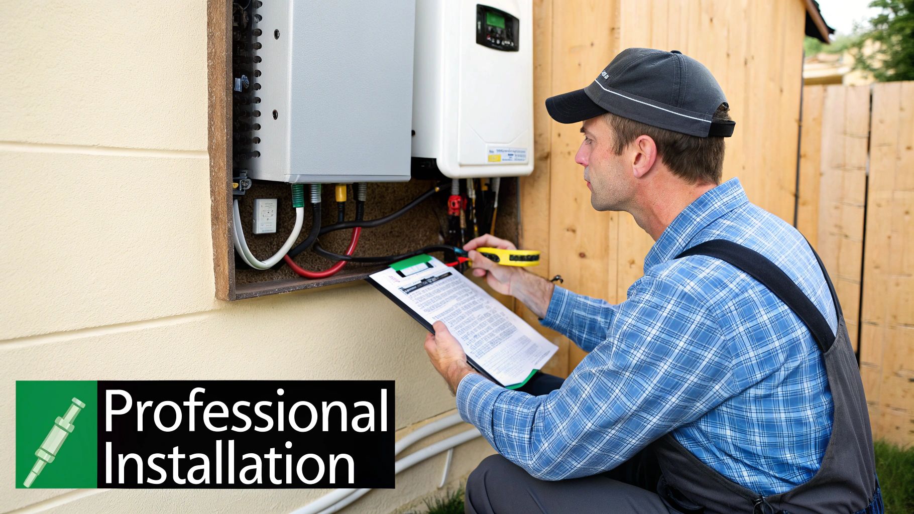 A solar battery backup system being installed on the side of a house.