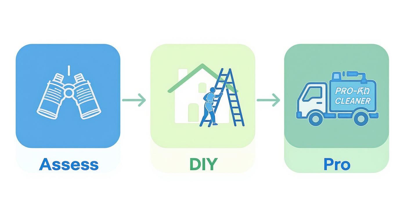 Infographic about the decision process for DIY or professional roof cleaning, showing steps for assessment, DIY approach, and professional service.