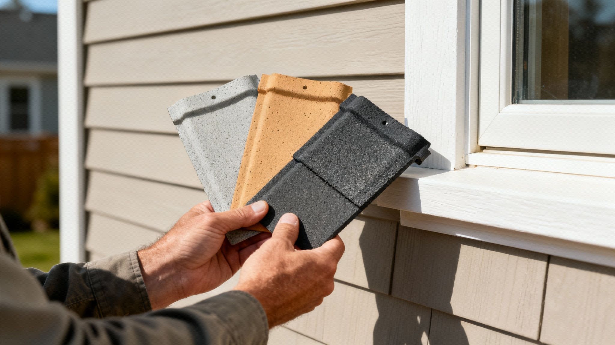 Person holding a roof tile sample against a house exterior.