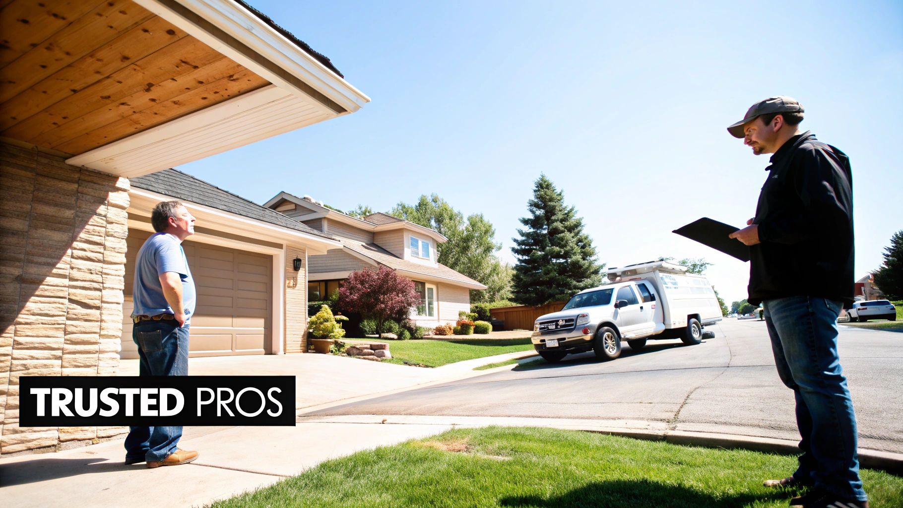 Professional contractor inspecting residential home exterior for repairs while homeowner observes consultation
