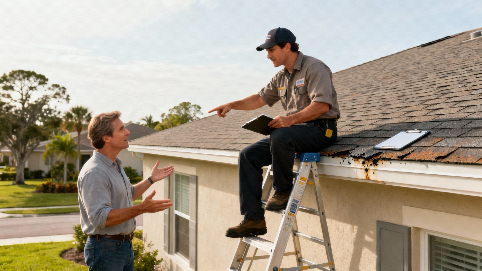A roofer examining a damaged roof.