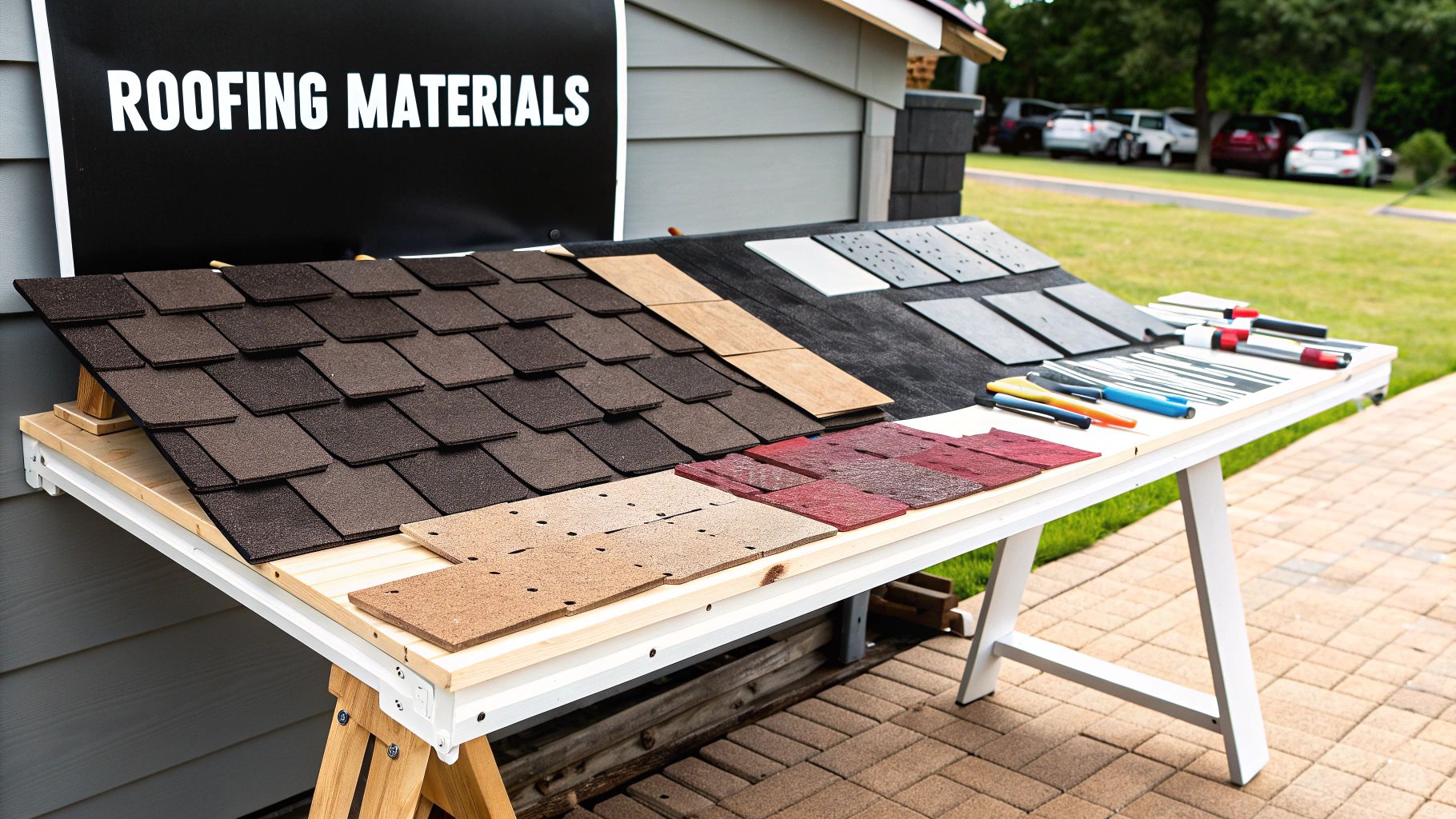 A close-up shot of architectural asphalt shingles on a residential roof.