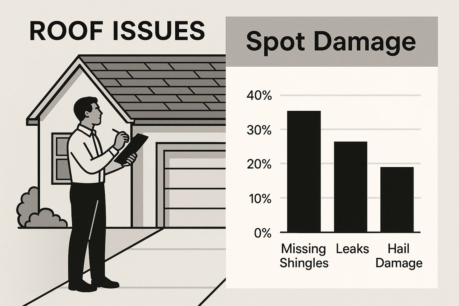 Infographic showing a homeowner inspecting their roof from the ground to spot damage.