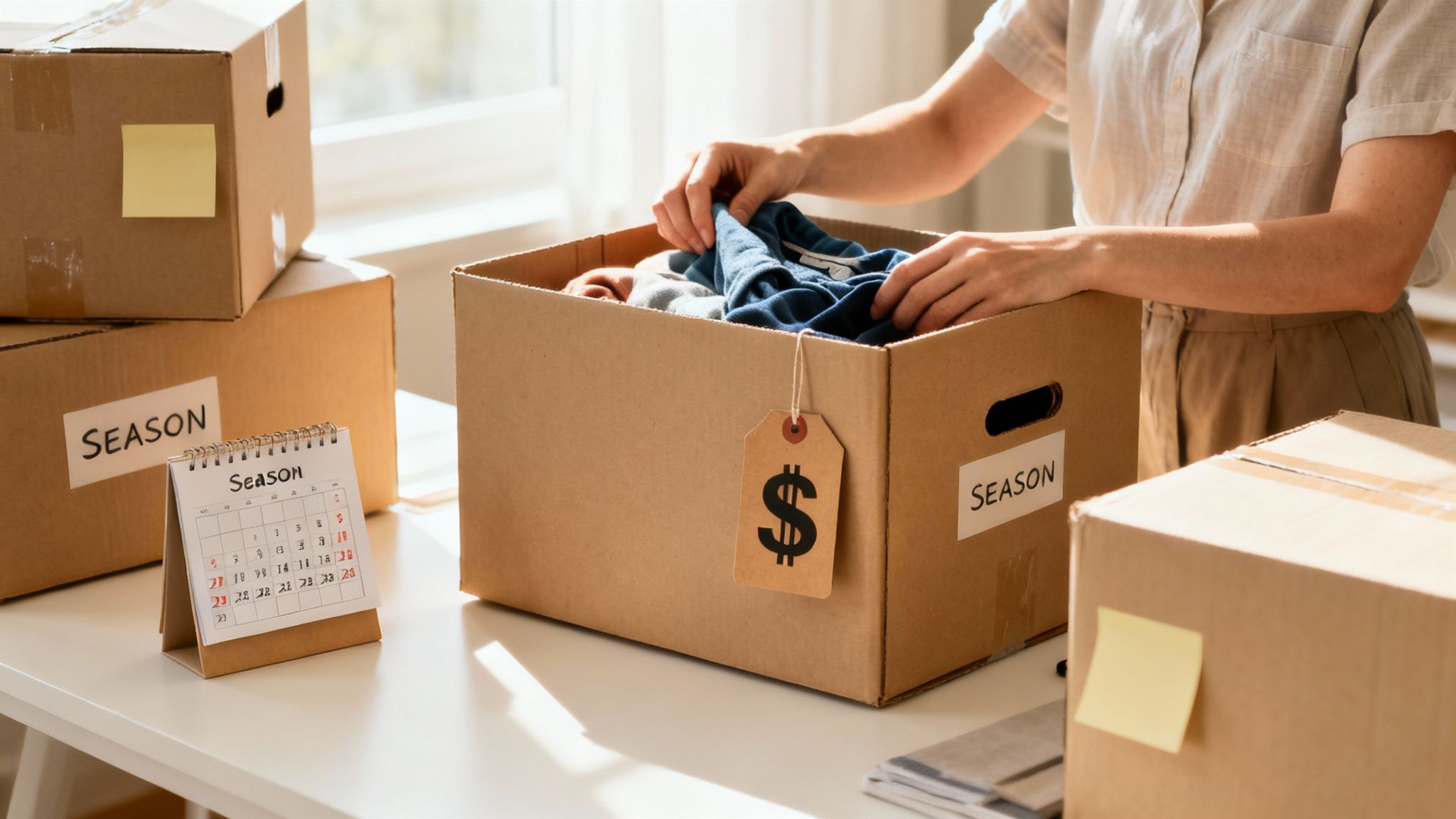 A person sorting through household items and placing them into boxes labeled 'Keep,' 'Donate,' and 'Sell'.