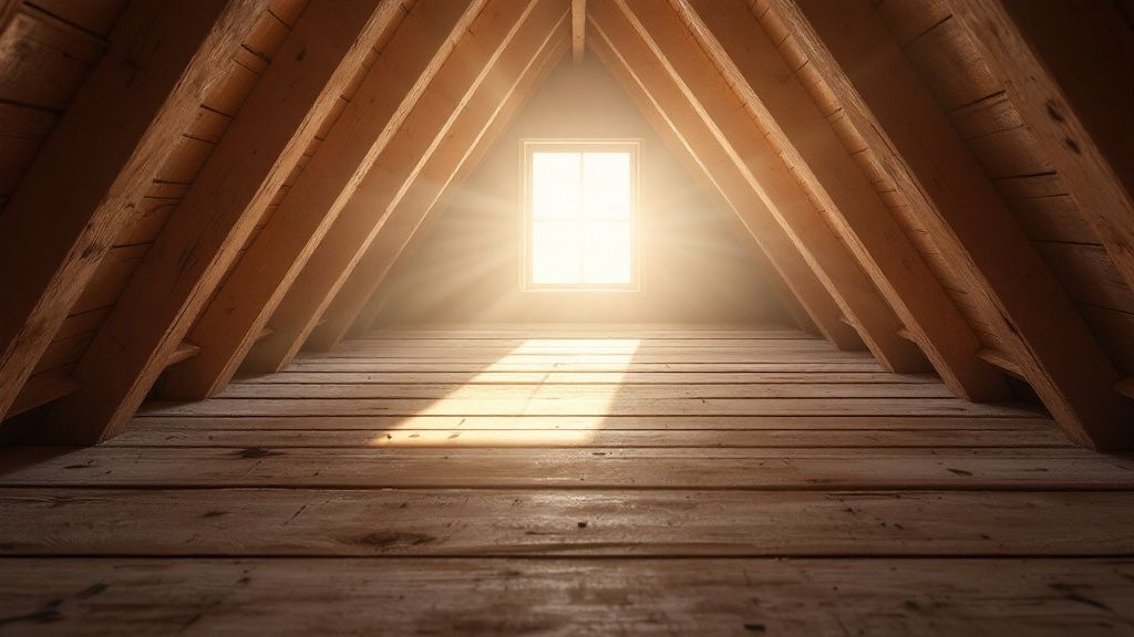 Daylight peeking through gaps in an attic's roof boards.