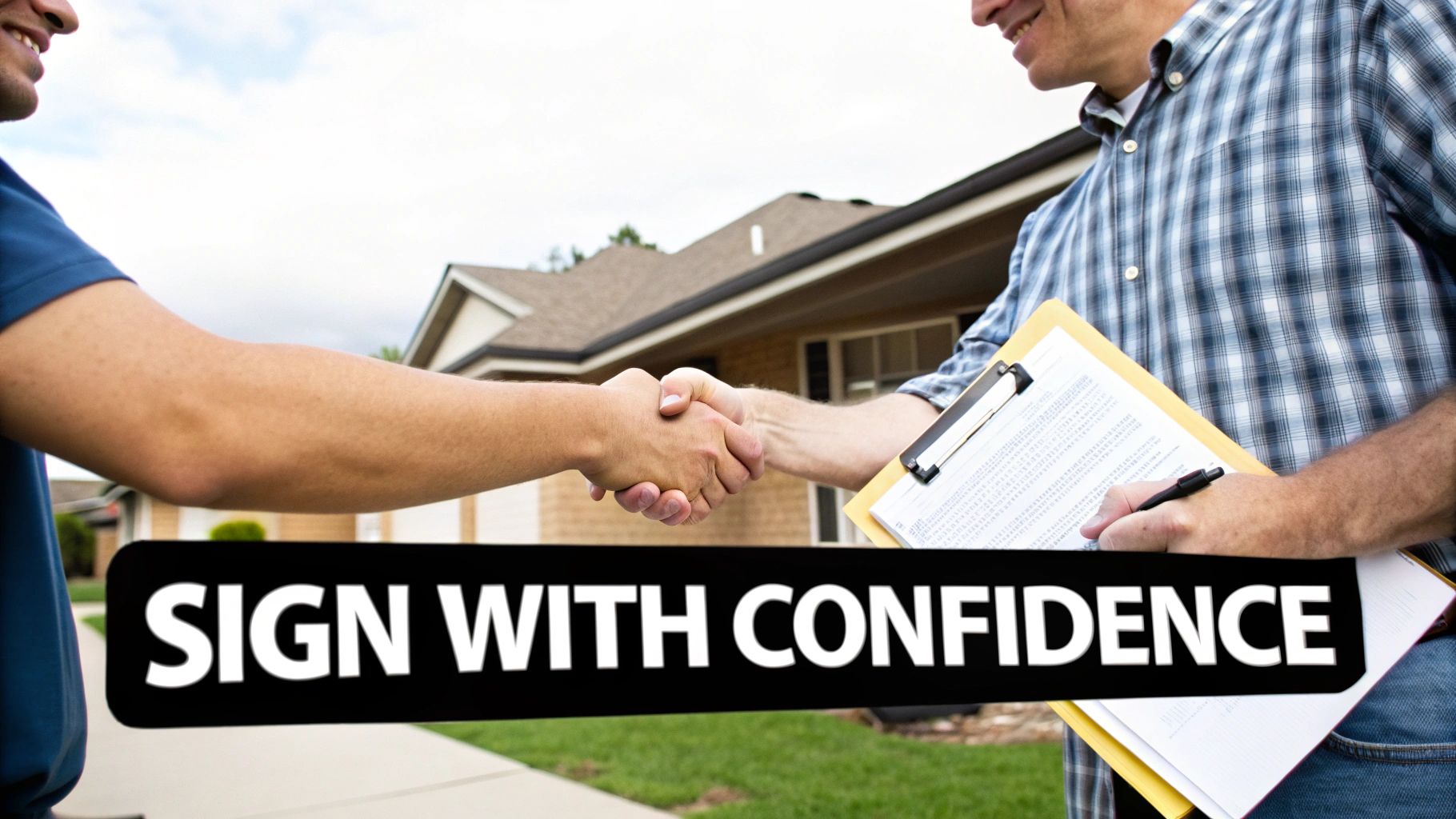 Two men shaking hands in front of house with roofing contractor holding clipboard