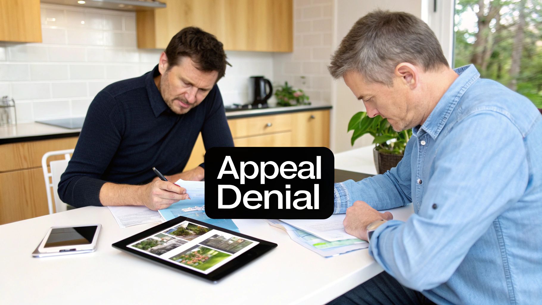 A magnifying glass held over a home insurance policy document, highlighting key terms.