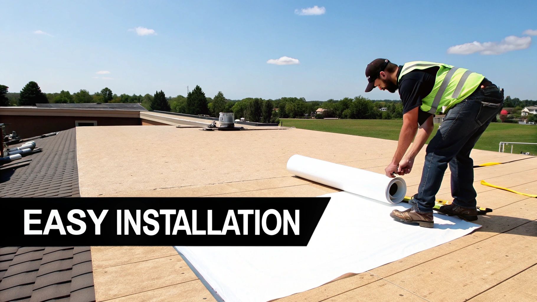 A bright, clean white TPO roof on a commercial building under the Florida sun.