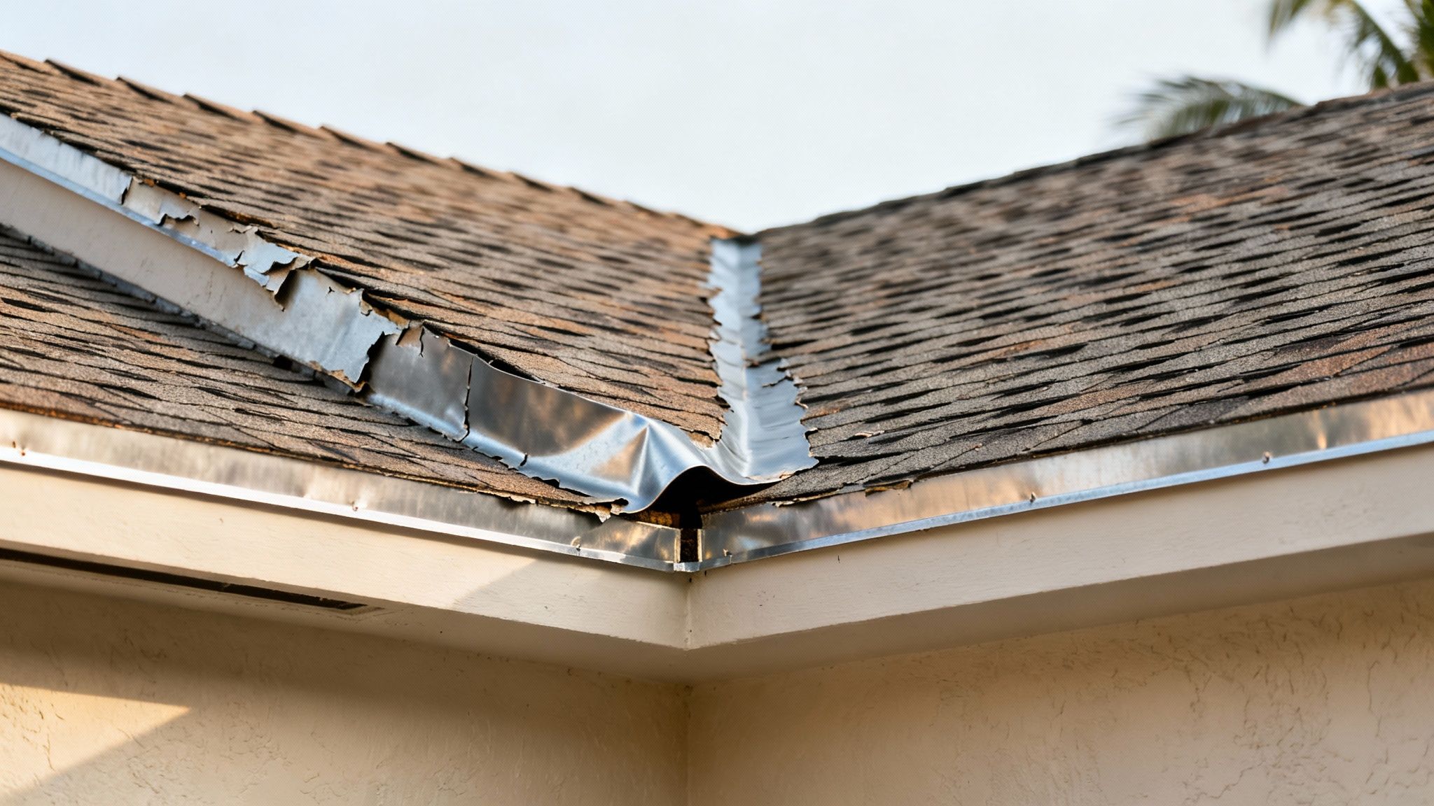 Close-up of a brown asphalt shingle roof with severely bent and damaged metal valley flashing.