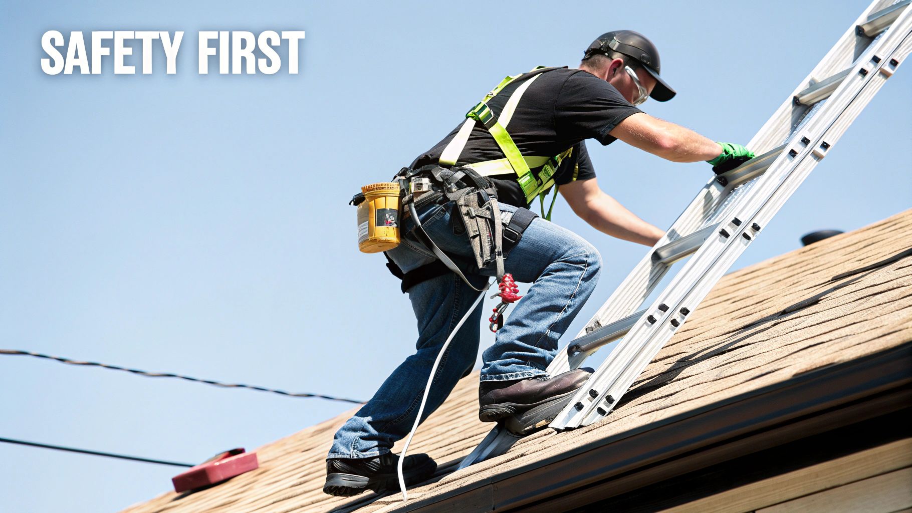 Construction worker wearing safety harness and helmet while working on residential roof with ladder