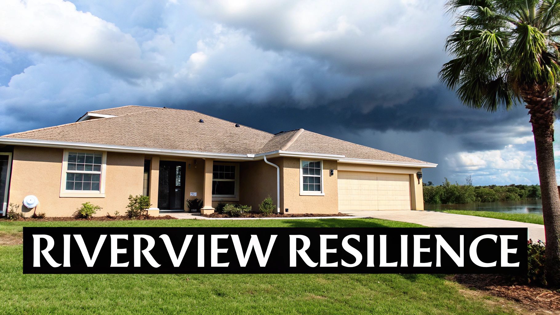 A tan house with a brown roof under a dark, cloudy sky next to a flooded river and palm tree.