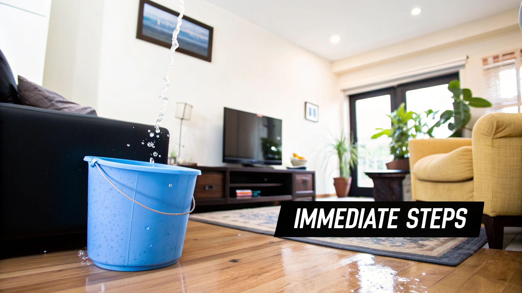 A worried homeowner looks at a water-damaged ceiling from a roof leak.