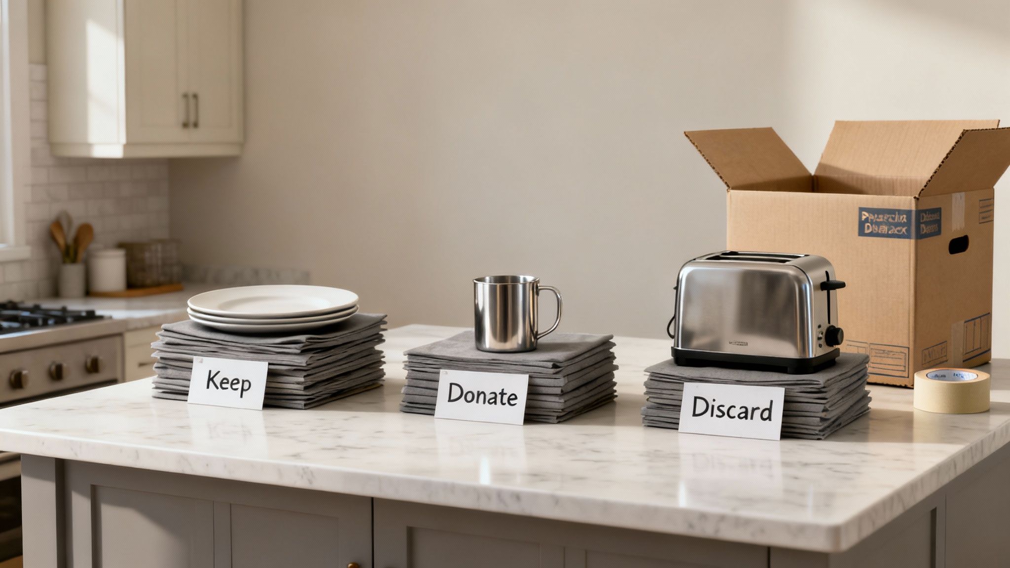 A neatly organized kitchen with packing supplies like boxes and tape ready for use.