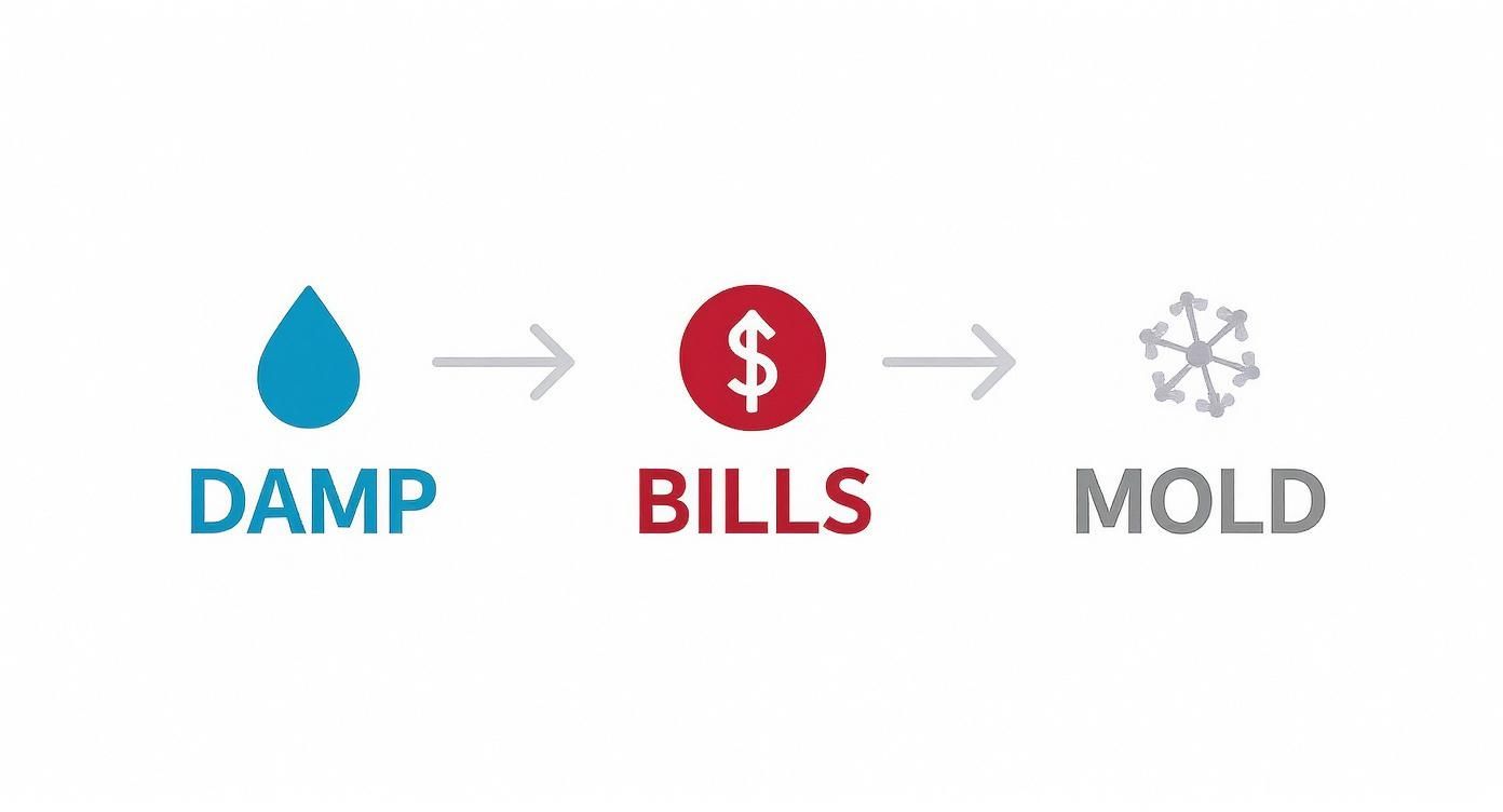Diagram showing the sequence: Damp (water drop icon) leads to Bills (dollar sign icon) which leads to Mold (snowflake icon).