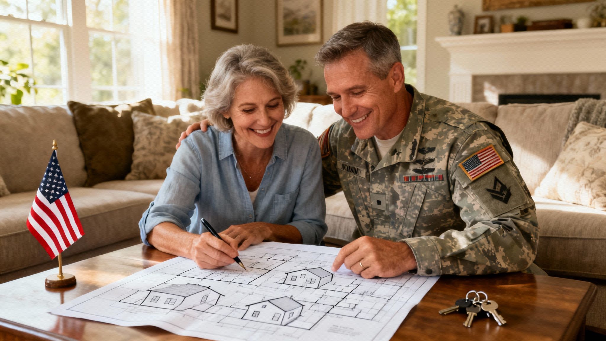 A military family looking happily at their new home, symbolizing the possibility of homeownership with a VA loan.
