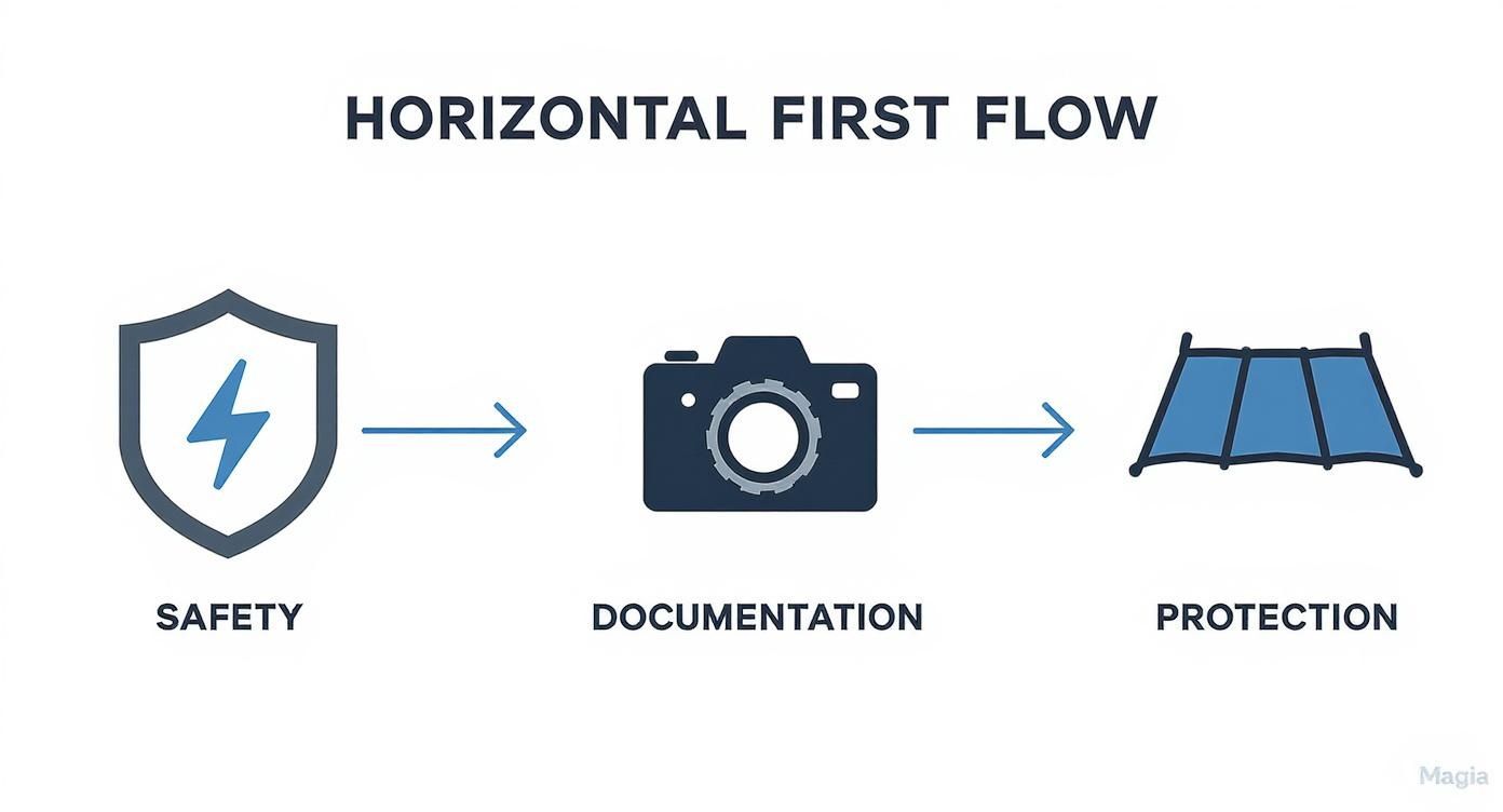 Infographic detailing the first steps after roof damage Safety, Document, and Protect.