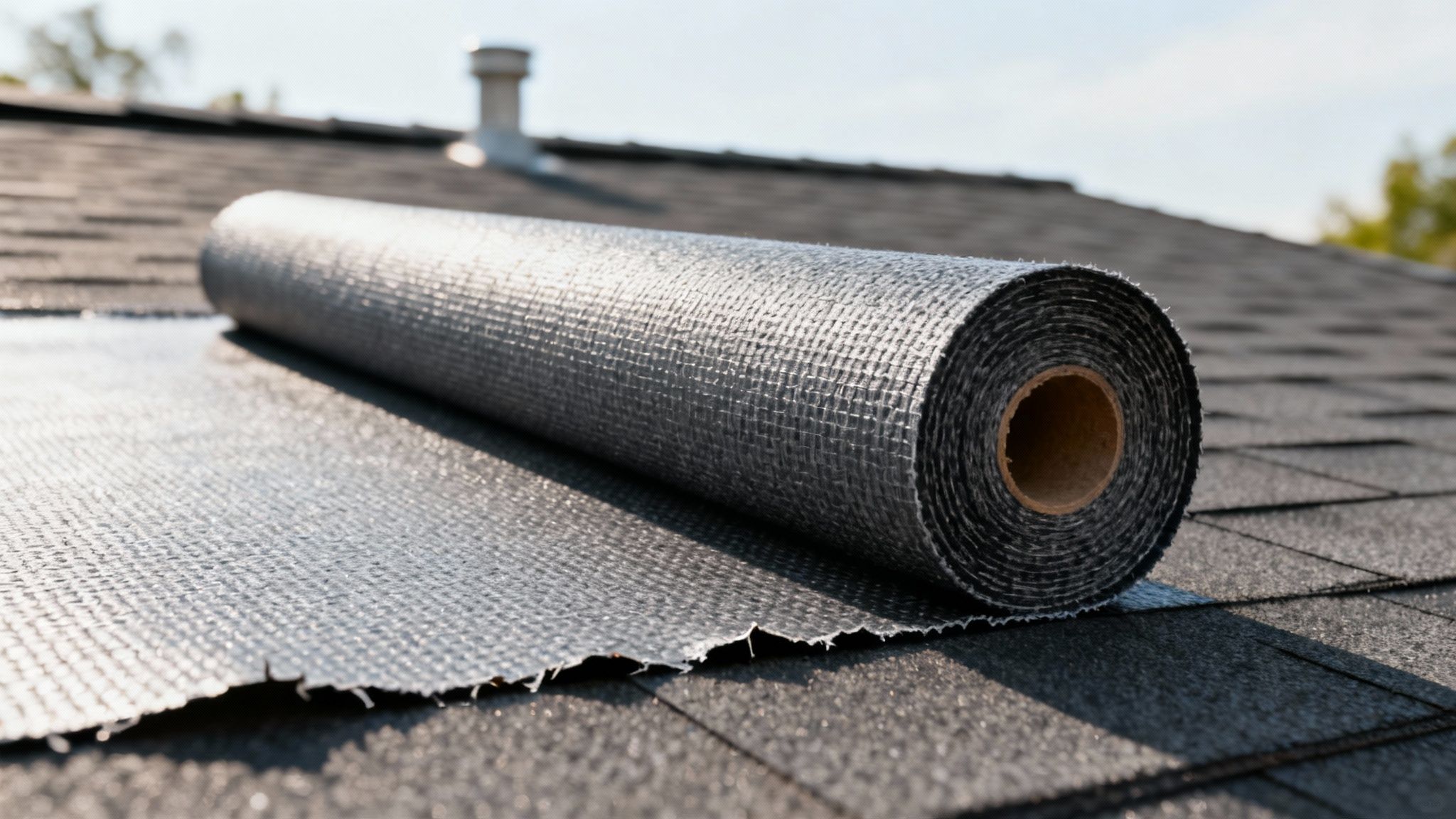 A roll of synthetic underlayment partially unrolled on a wooden roof deck