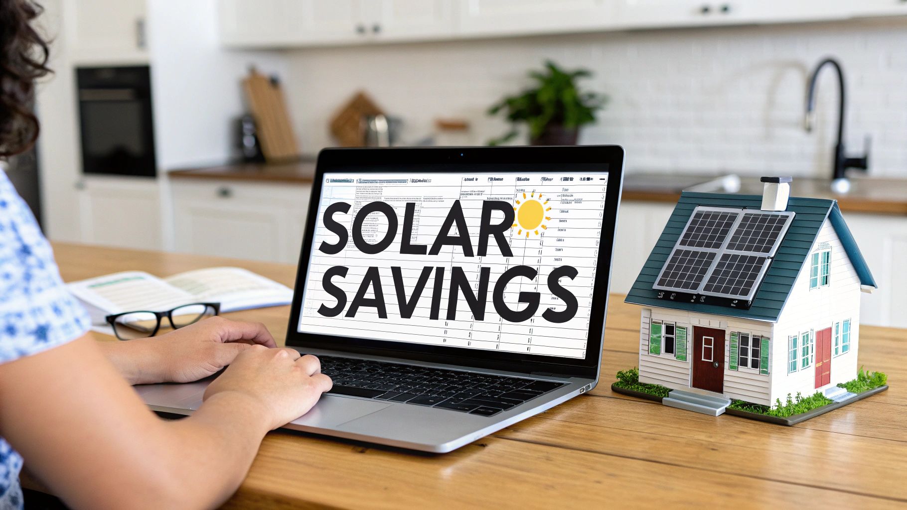 A person calculates solar savings on a laptop next to a model house with solar panels.