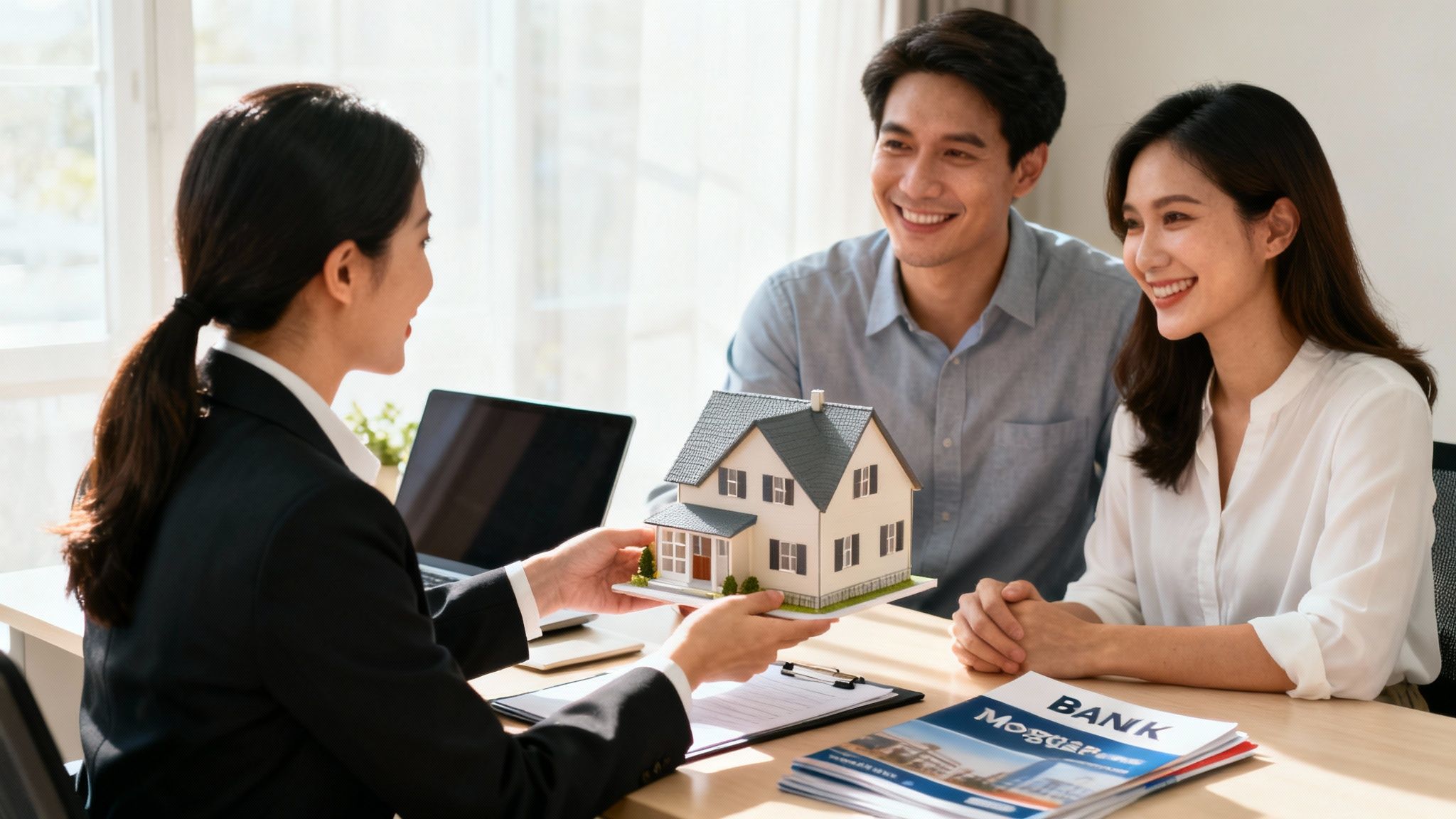 A friendly mortgage broker meeting with a couple to discuss their home loan options.