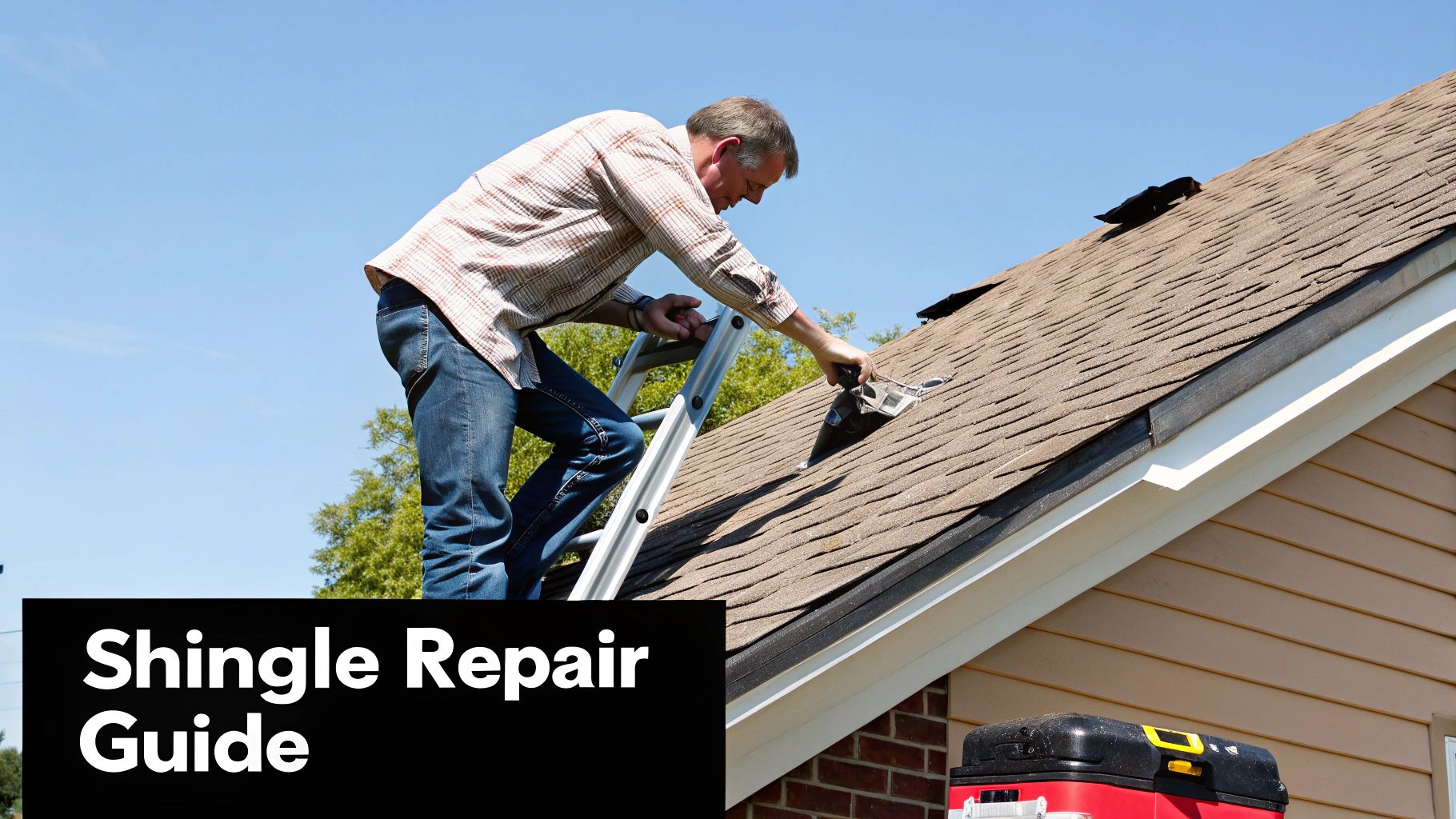 A close-up view of asphalt shingles being repaired on a residential roof.