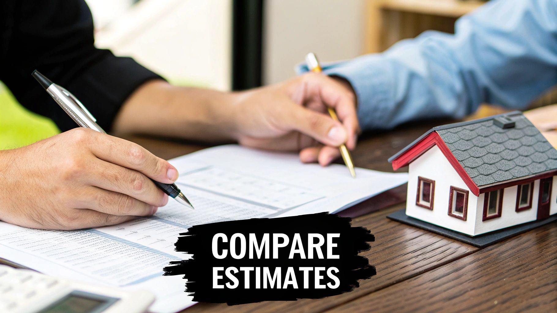 A person carefully reviewing a detailed roofing contract and estimate document.