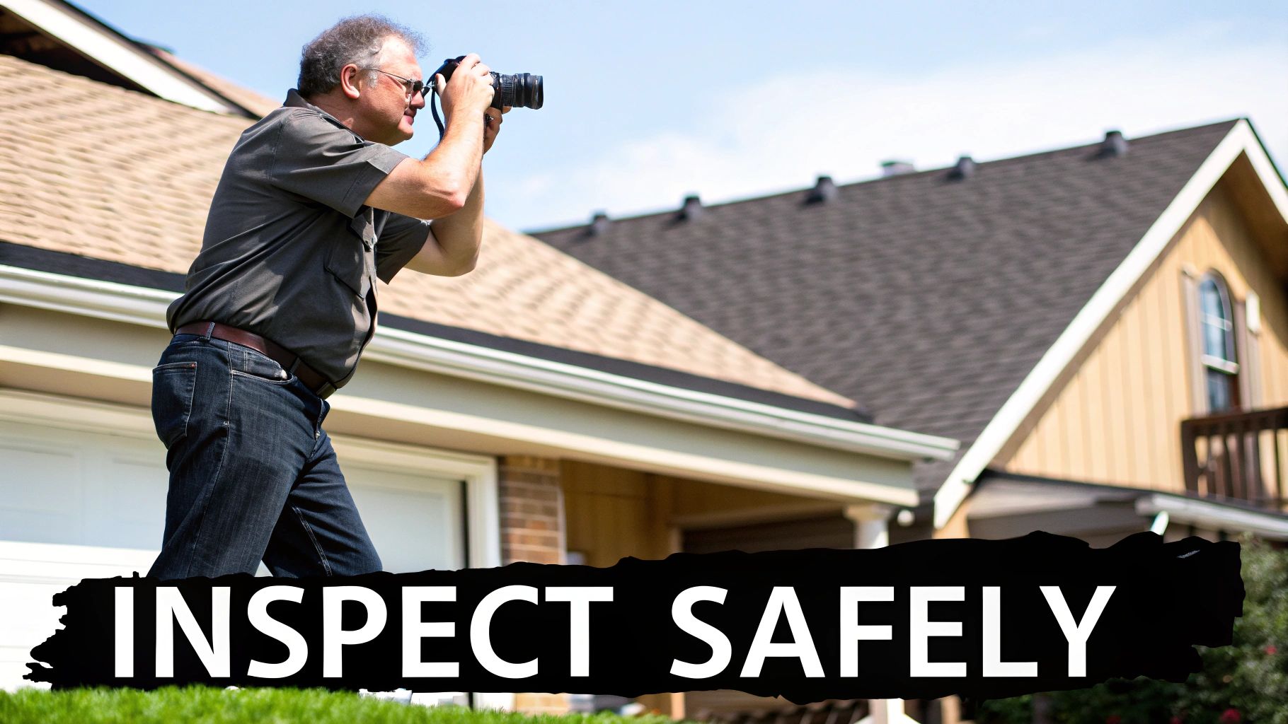 A roofer inspecting a damaged shingle roof.