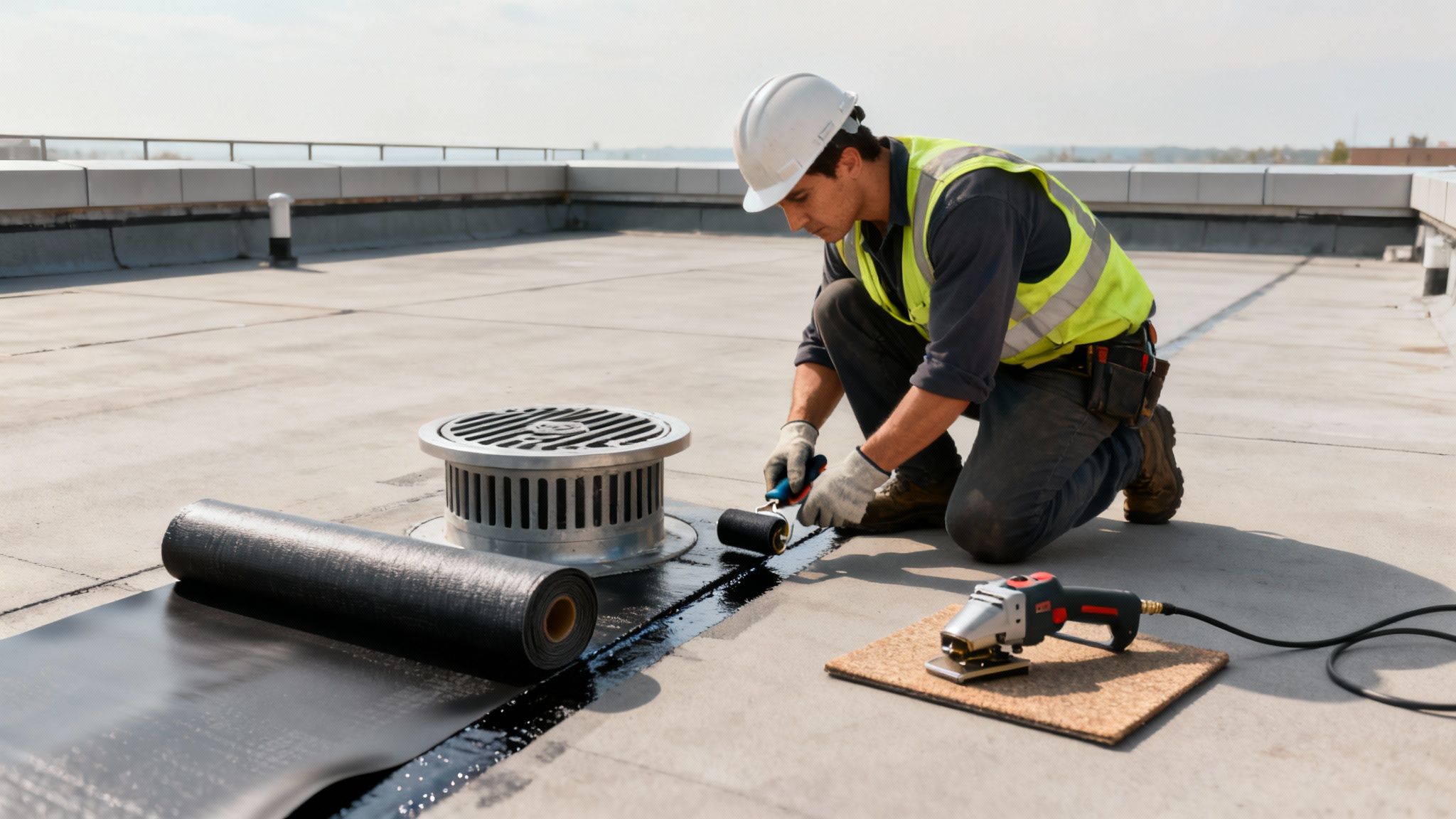 A roofing professional inspecting a flat roof with specialized tools
