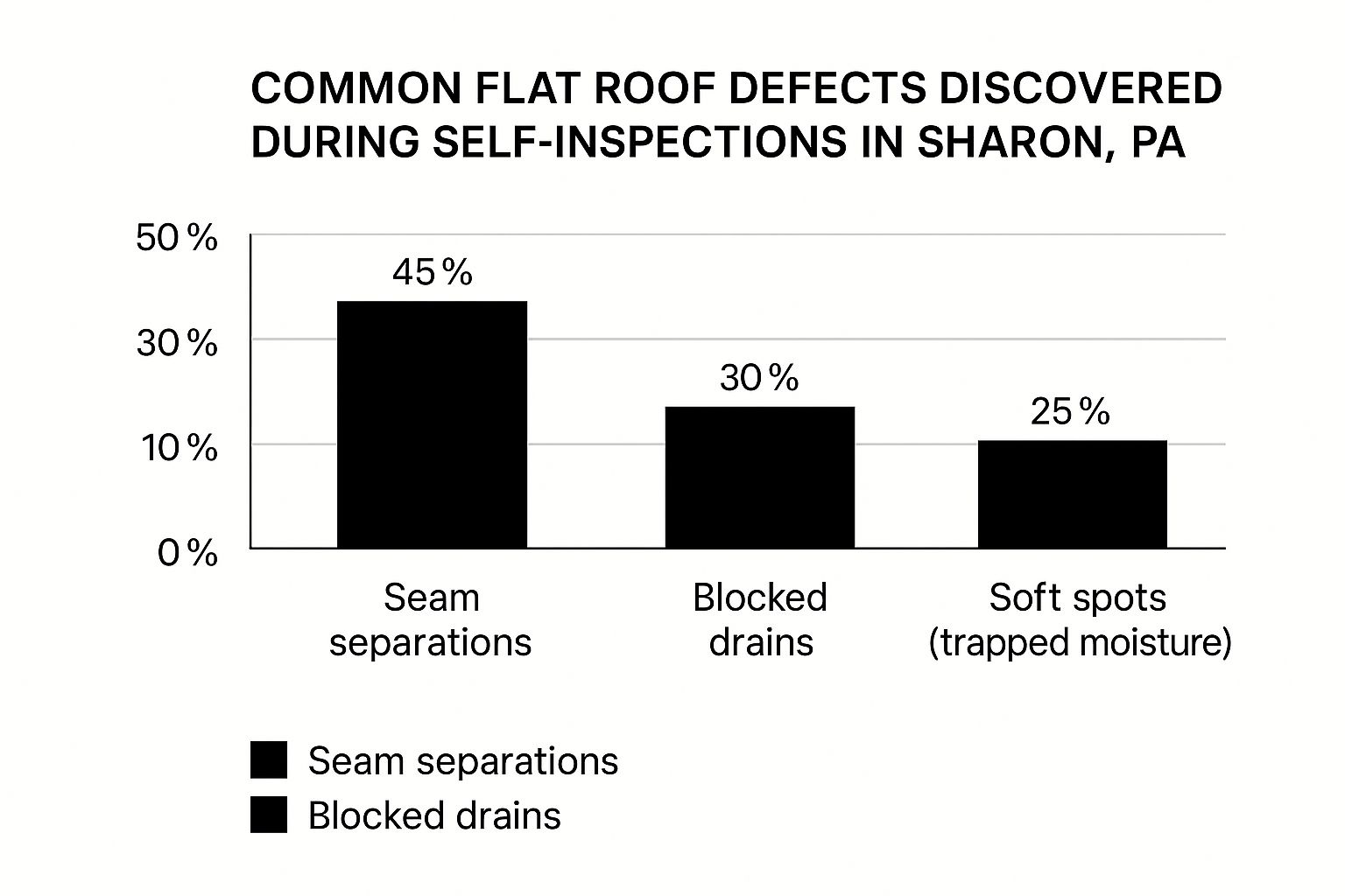 Infographic showing common flat roof defects: 45% seam separations, 30% blocked drains, 25% soft spots.
