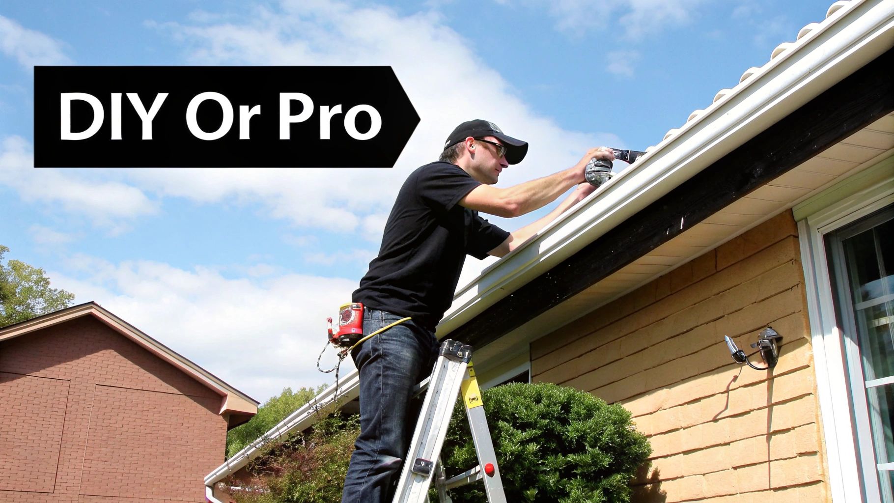 A person inspecting their roof with tools.