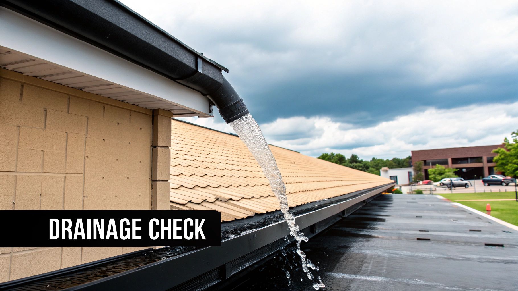 An inspector clearing debris from a commercial roof drain.